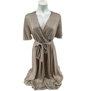 Alexa B Nites Petite Champagne Leopard Satin Wrap Kimono Maxi Dress Size 8P